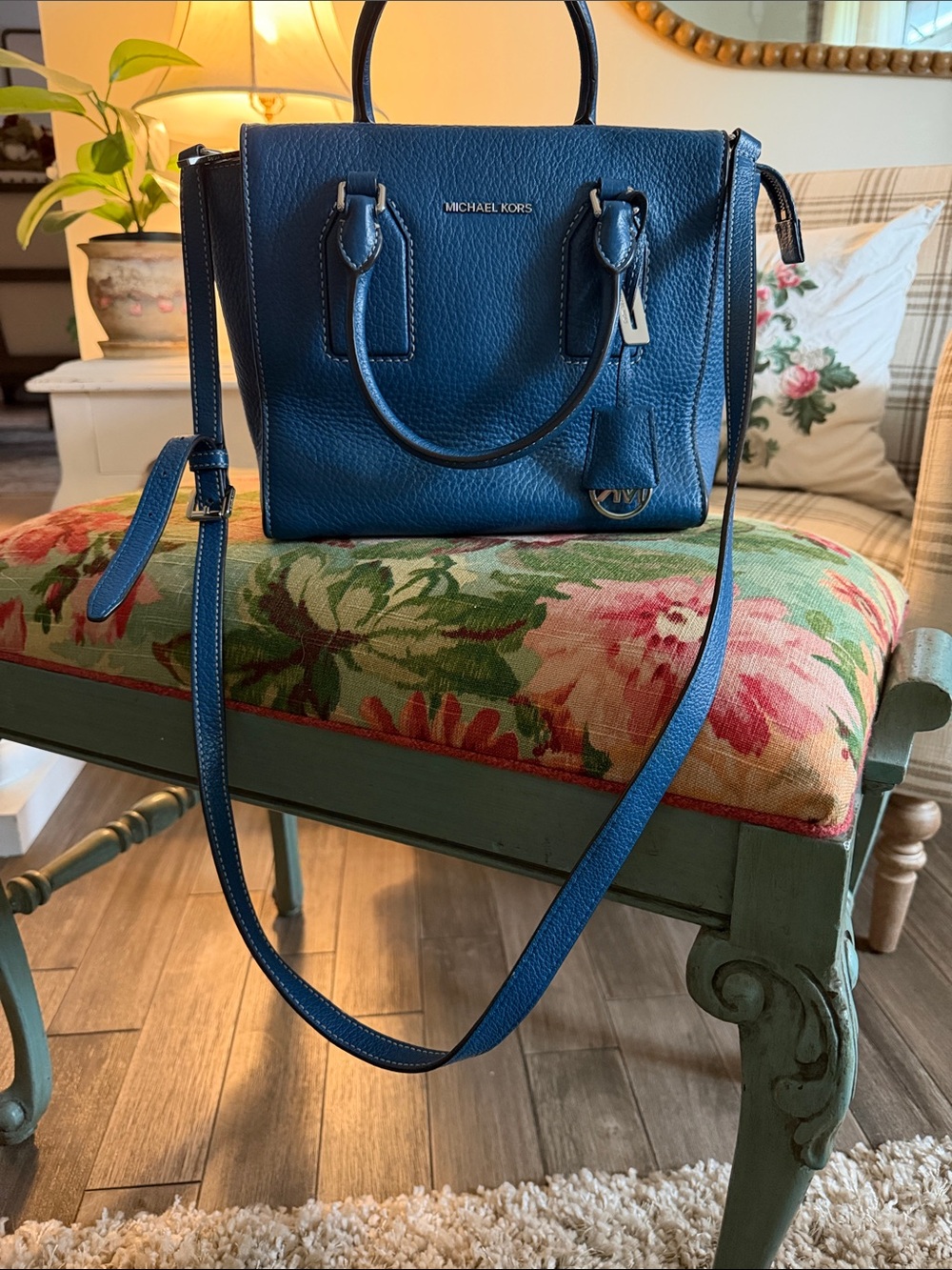 Michael Kors Deep Blue Pebbled Leather Satchel with Crossbody Strap
